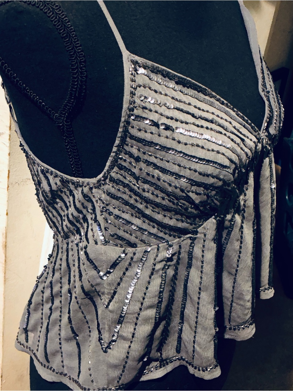 #620-(S)Forever 21 Grey Rayon Spaghetti Strap sequence Top